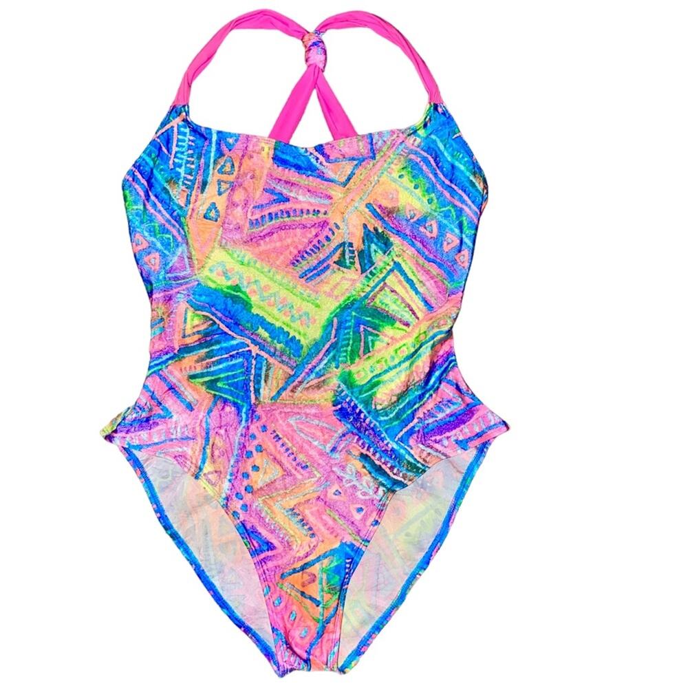 L 14 VTG Sessa Bright Neon High Cut Ultra Low Back Crinkle One Piece Swimsuit